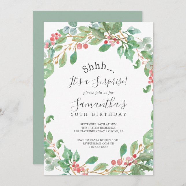 Christmas Greenery & Red Berry Surprise Party Invitation (Front/Back)