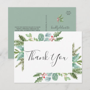 Christmas Greenery & Red Berry Thank You Postcard