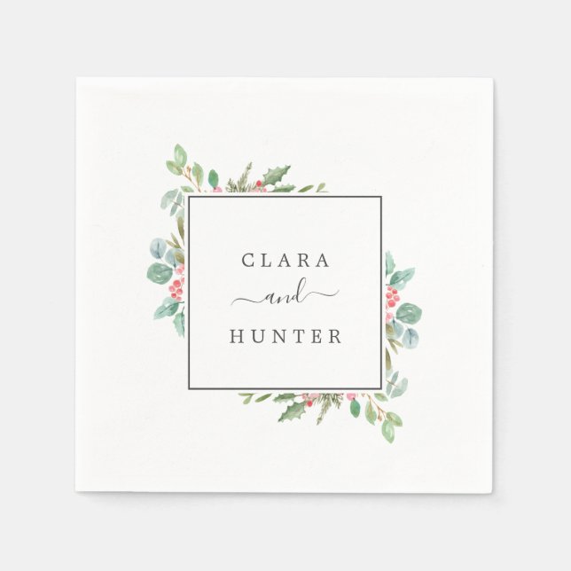 Christmas Greenery & Red Berry Wedding Napkin (Front)