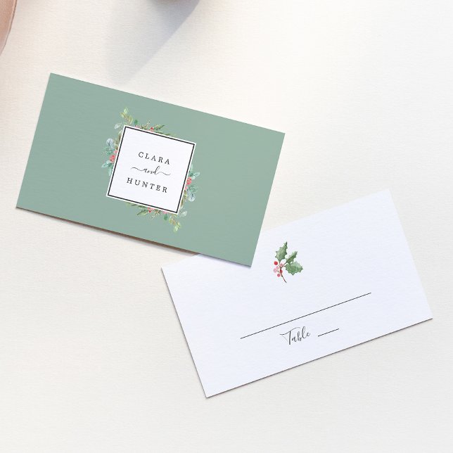 Christmas Greenery & Red Berry Wedding Place Card (Creator Uploaded)