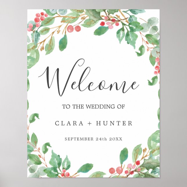 Christmas Greenery & Red Greenery Welcome Wedding Poster (Front)
