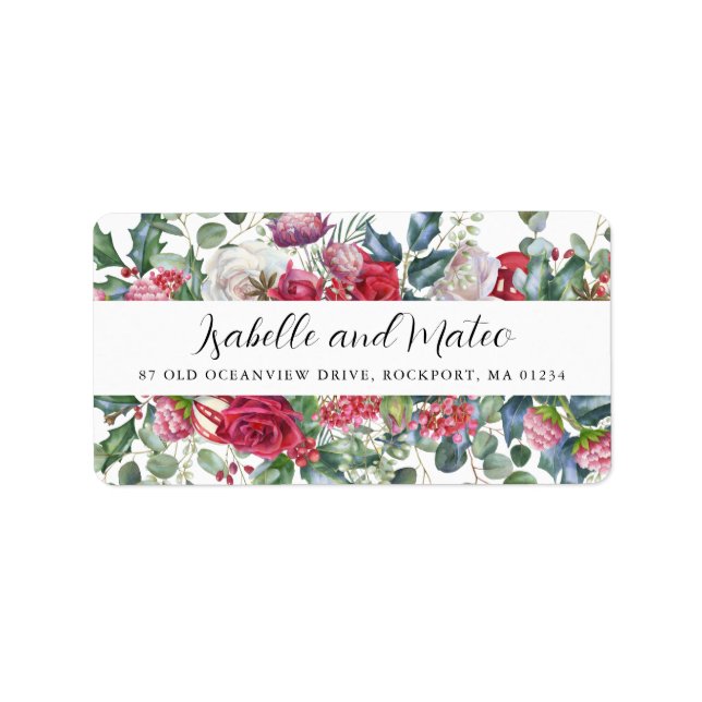 Christmas Greenery Red Rose Floral Address Label (Front)