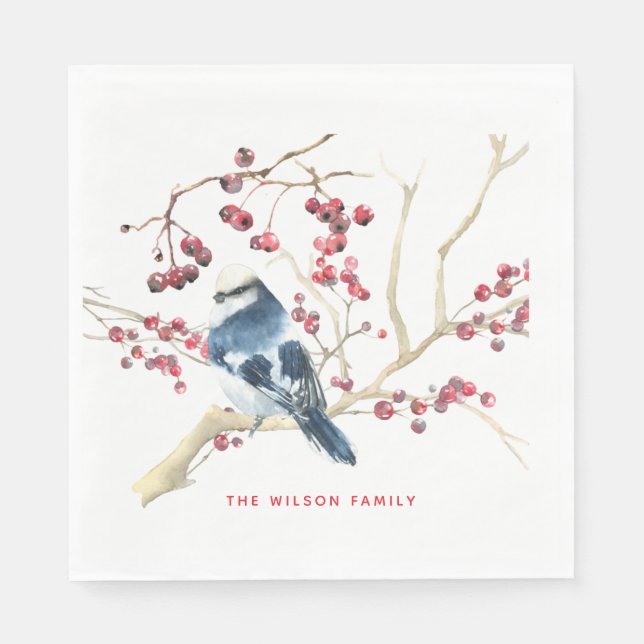 Christmas Greenery w Bird - Personalised Holiday Napkin (Front)