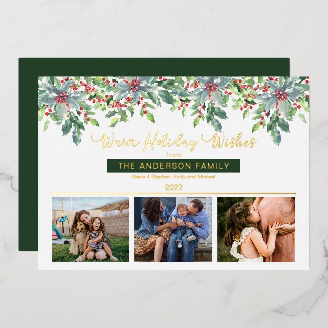 Christmas Greenery Warm Holiday Wishes 3 Photo (Front/Back)