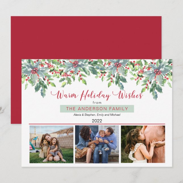 Christmas Greenery Warm Holiday Wishes 3 Photo Card (Front/Back)