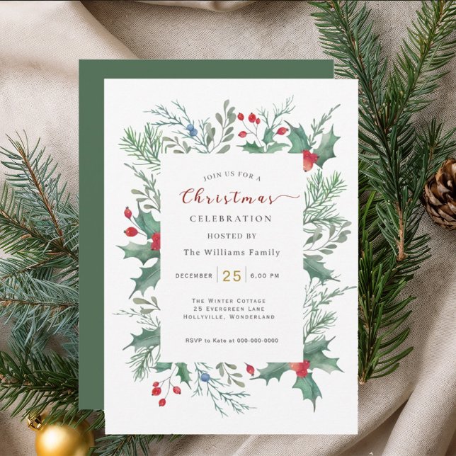Christmas Greenery Watercolor Celebration Invitati Invitation (Creator Uploaded)