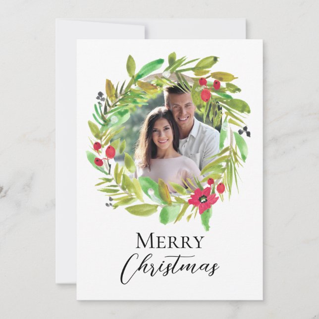 Christmas Greenery Watercolor wreath Custom Photo Holiday Card (Front)