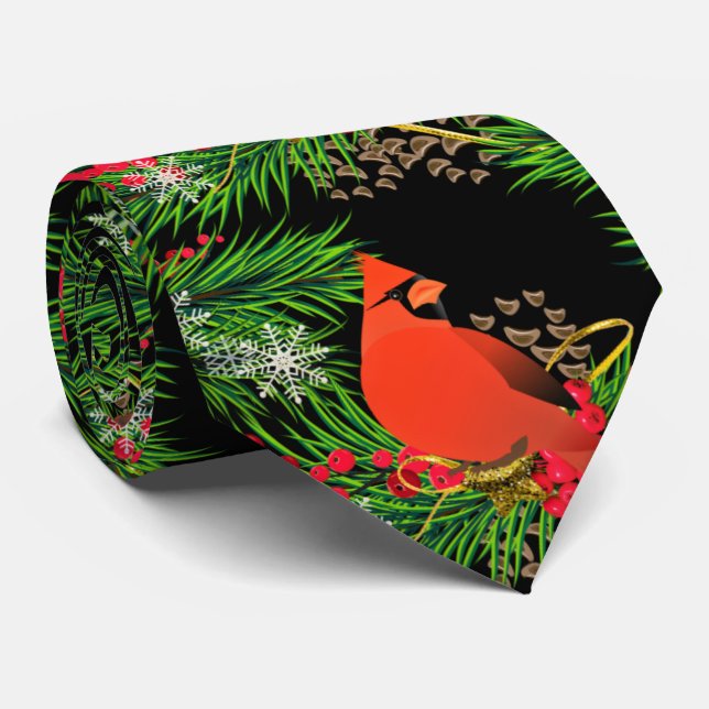 Christmas Greenery with Cardinal Bird Holiday Tie (Rolled)