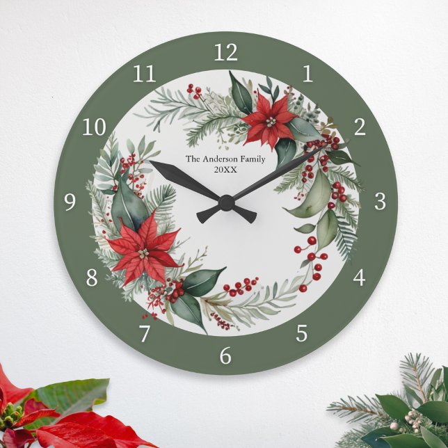 Christmas Greenery with Red Poinsettias Custom Large Clock (A personalized winter wall clock, with red poinsettia flowers and green leaves)