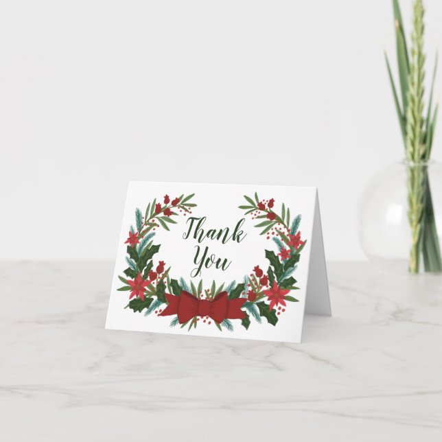 Christmas Greenery Wreath Holiday Thank You Card (Front)