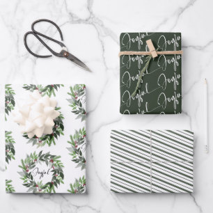 Christmas Greenery Wreath Joyful Script Holiday Wrapping Paper Sheet