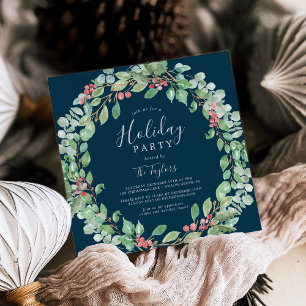 Christmas Greenery Wreath Navy Holiday Party Invitation