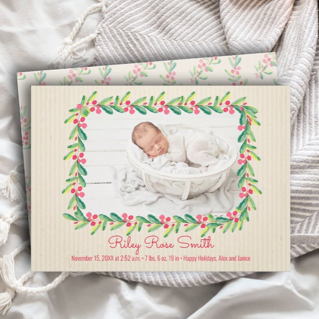 Christmas Greenery Wreath Photo Birth Announcement (Creator Uploaded)