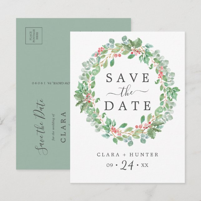Christmas Greenery Wreath Save the Date Postcard (Front/Back)