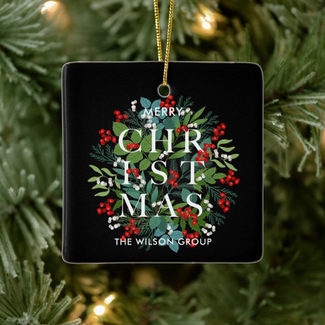 Christmas Greens and Berries on Black Ceramic Ornament (Tree)