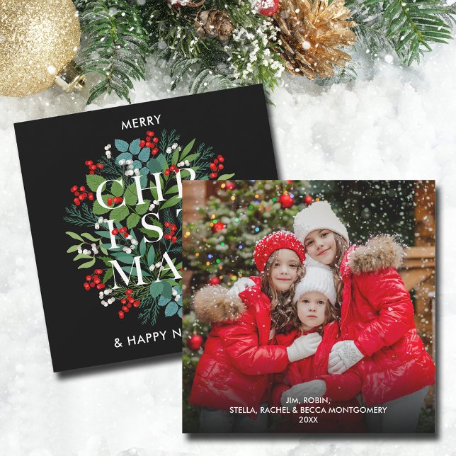 Christmas Greens and Berries Photo Holiday Card (Christmas Greens and Berries Photo Cards 5.25" square TAKES EXTRA POSTAGE, mail in 5" x 7" to avoid)