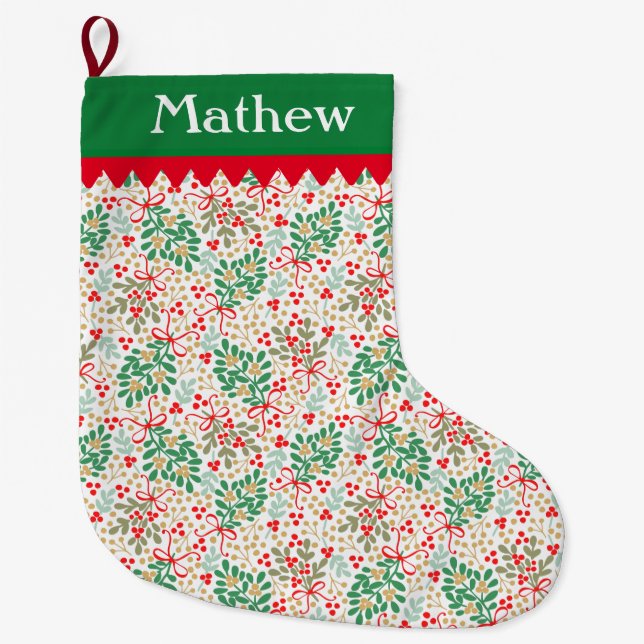 Christmas Greens And Holly Berries - Personalised Large Christmas Stocking (Front)