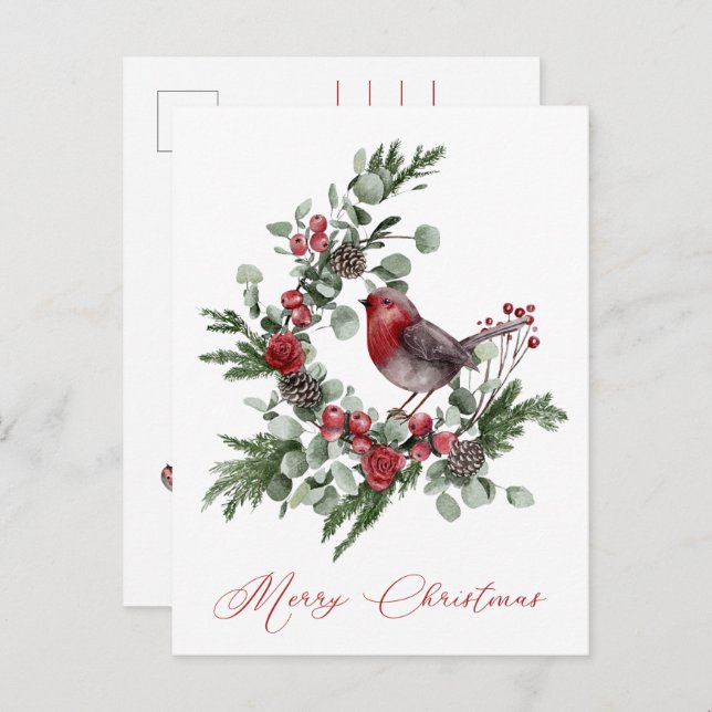 Christmas Greens, Pine Cones, Red Grey Wren Postcard (Front/Back)