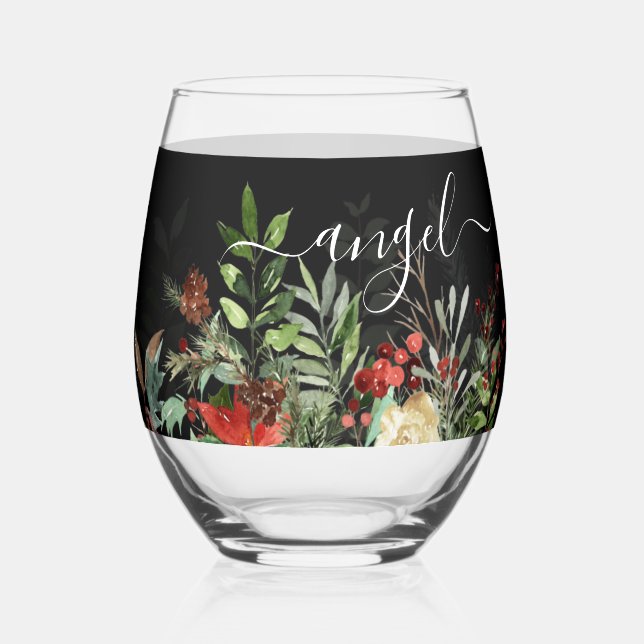 Christmas Greens Wedding Party Stemless Wine Glass (Front)