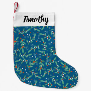 Christmas Greens with Holly Berries Blue Red White Small Christmas Stocking