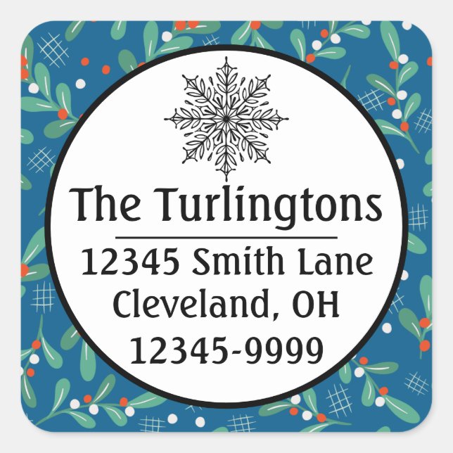 Christmas Greens with Holly Berries Blue Red White Square Sticker (Front)