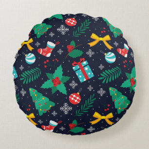 Christmas GreenTrees, Flakes, Stockings Pattern Round Cushion
