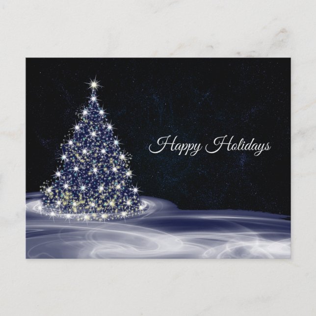 Christmas Greeting Blue Shiny Tree Winter Navy Postcard (Front)