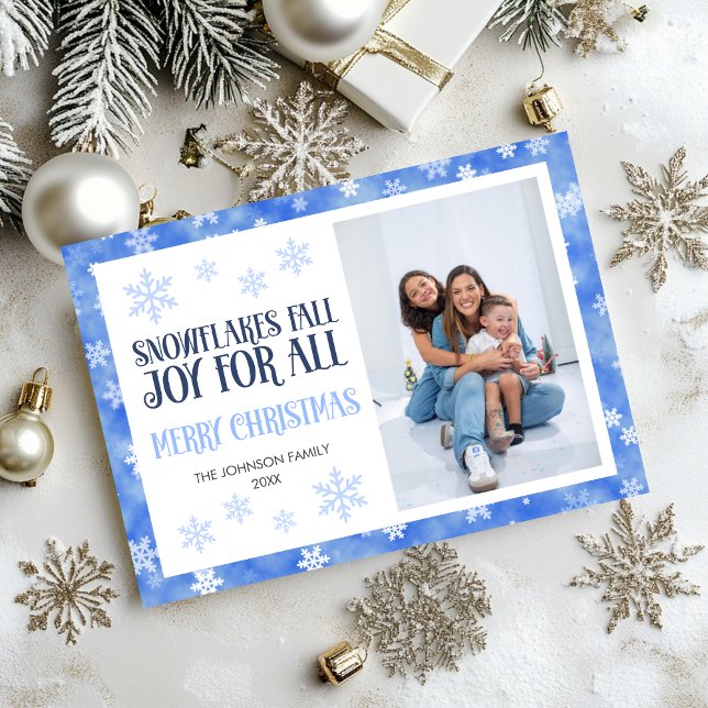 Christmas Greeting Blue Snowflakes Family Photo Holiday Card (Creator Uploaded)