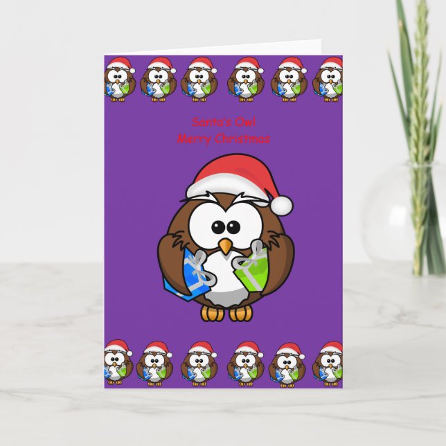 Christmas greeting card owl person kids purple (Front)
