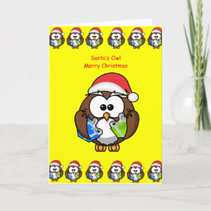 Christmas greeting card owl person kids yellow