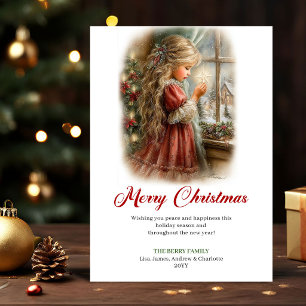Christmas Greeting Cute Little Girl Winter Scene   Holiday Card