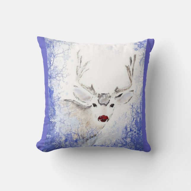 Christmas Greeting Deer Blue Snowflakes Cushion (Front)