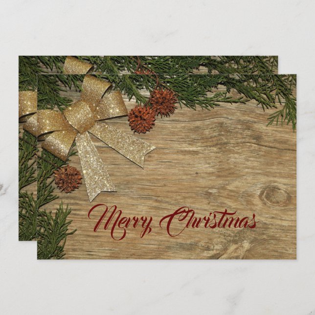 Christmas Greeting Golden Bow Green Leaves Red Holiday Card (Front/Back)