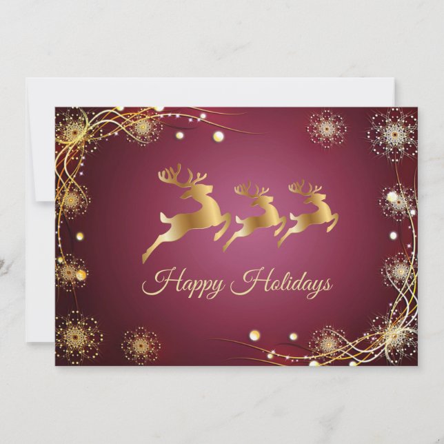 Christmas Greeting Golden Reindeers Red Pink Holiday Card (Front)