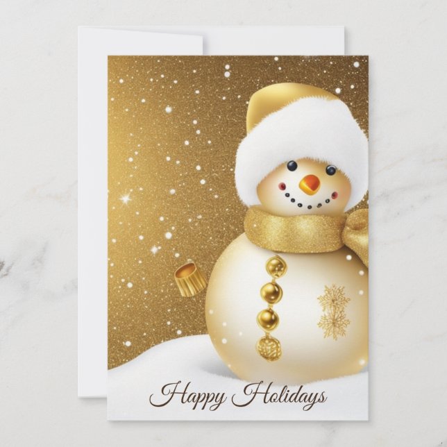 Christmas Greeting Golden Snowman Winter Holiday Card (Front)