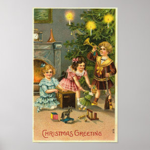Christmas Greeting Kids, Tree, Toys Poster