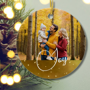 Christmas Greeting Photo Joy Gold Ceramic Ornament