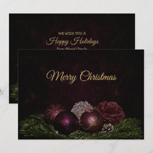 Christmas Greeting Pink Ornaments Green Leaves Holiday Card