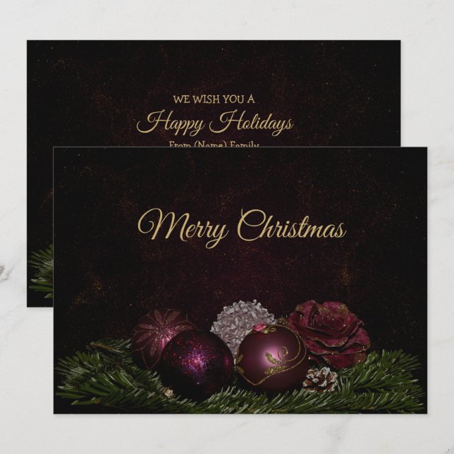 Christmas Greeting Pink Ornaments Green Leaves Holiday Card (Front/Back)