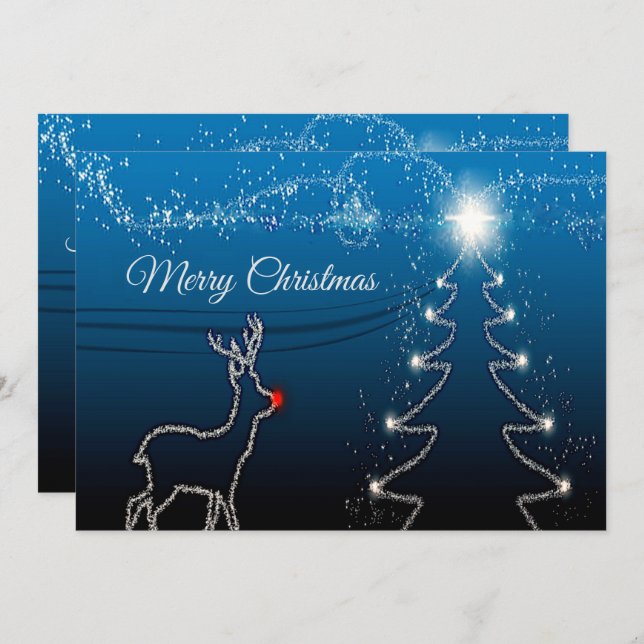 Christmas Greeting Reindeer Tree Blue Sky Shiny Holiday Card (Front/Back)