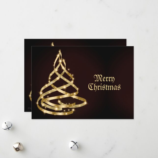 Christmas Greeting Shiny Golden Ribbon Tree Holiday Card (Front/Back In Situ)
