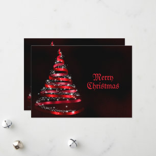 Christmas Greeting Shiny Red Ribbon Tree Sparkle Holiday Card