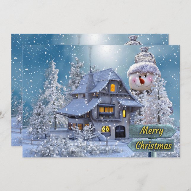 Christmas Greeting Winter White Snowman Blue  Holiday Card (Front/Back)