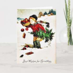 Christmas greeting with a boy has christmas tree a holiday card