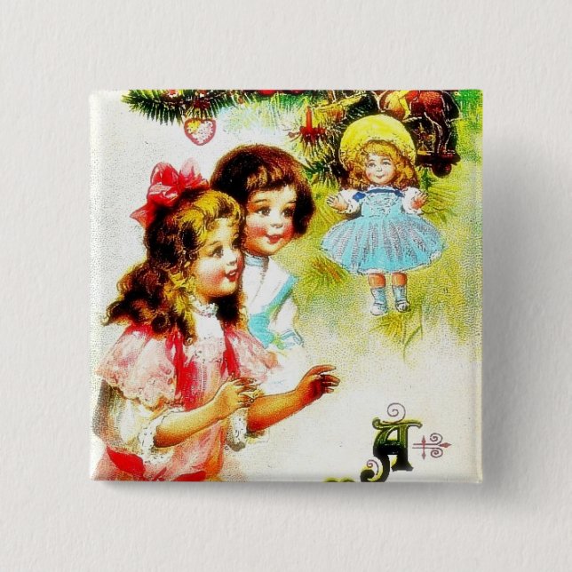 Christmas greeting with girls looking at the chris 15 cm square badge (Front)