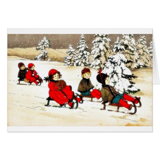 Christmas greeting with kids snow slading card