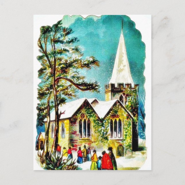 Christmas greeting with people going to church holiday postcard (Front)