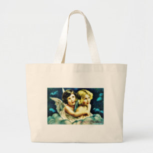 Christmas greeting with two angels huging large tote bag