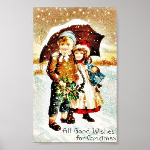 Christmas greeting with with a boy and girl under poster