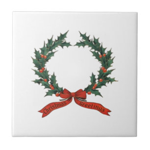 Christmas Greeting Wreath - Red & Green Classic Ceramic Tile